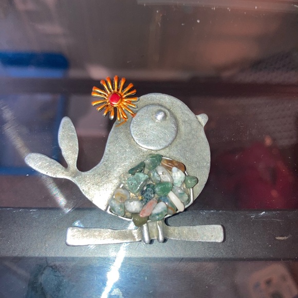 Jewelry - Charming Silver Bird Brooch with Orange and Green Details